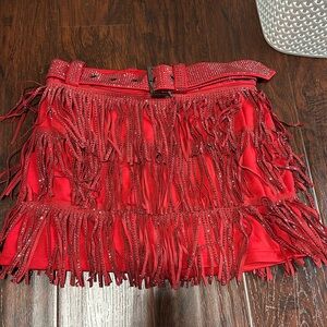 Nashville Babe Rhinestone Fringe Mini Skirt- Red